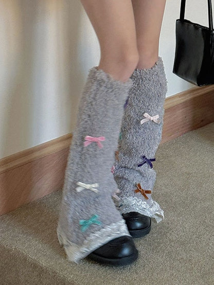 White/Purple/Camel/Light Grey Sweet Bowknot Lace Trim Leg Warmers