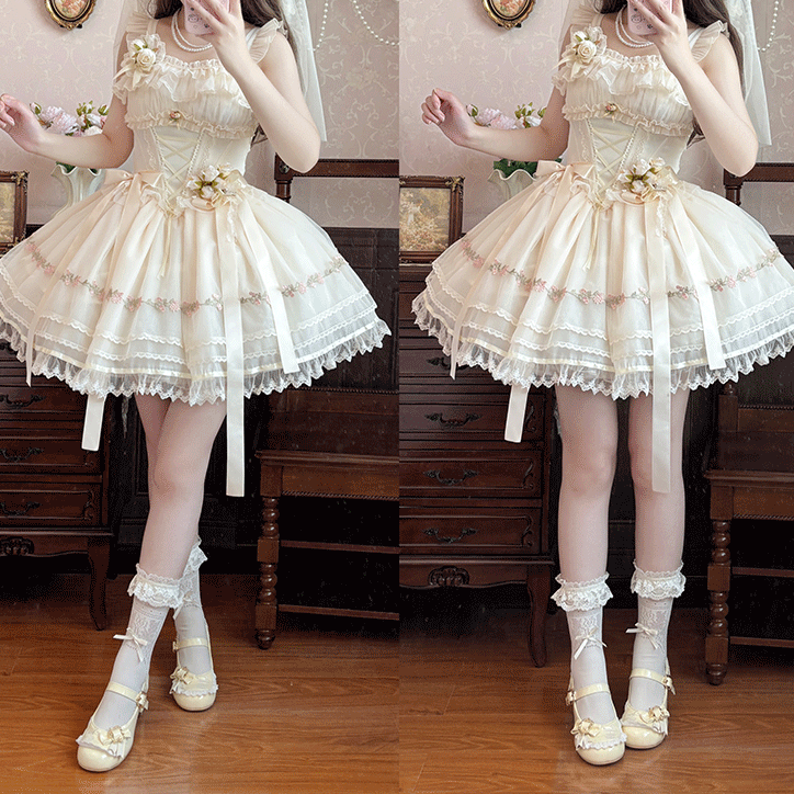 Beige Ribbon Bowknots Decoration Boned Waist Balletcore Sweet Lolita Dress Flutter Sleeves JSK