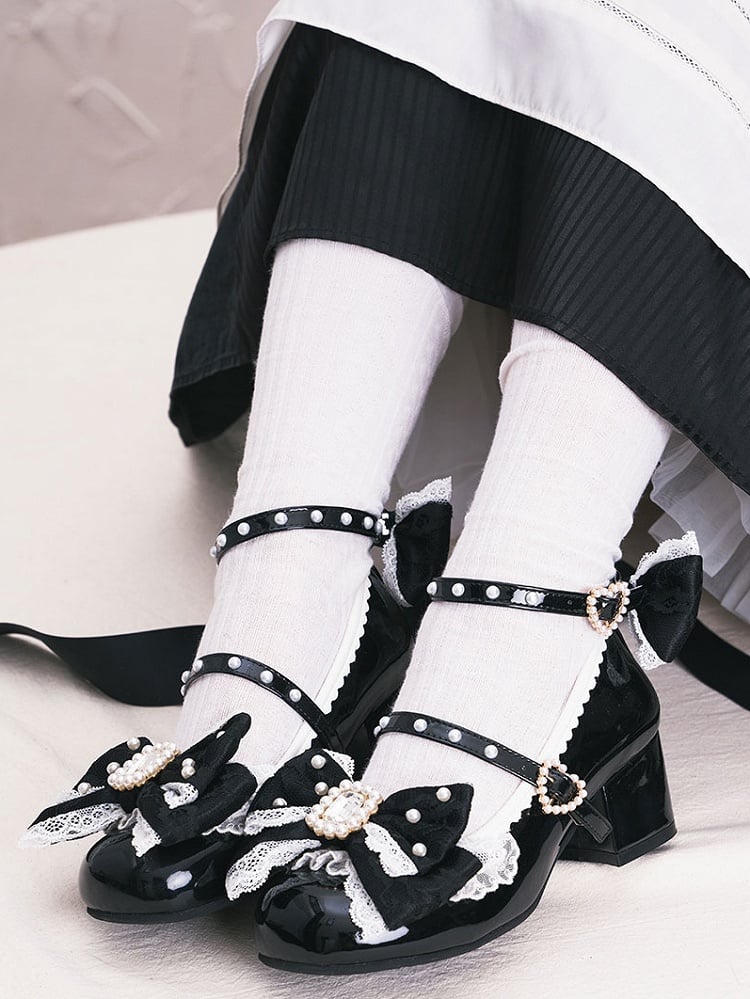 Polished Black Detachable Rhinestone And Beaded Decorated Bowknot Lace Trim 4.5CM Block Heels Shoes