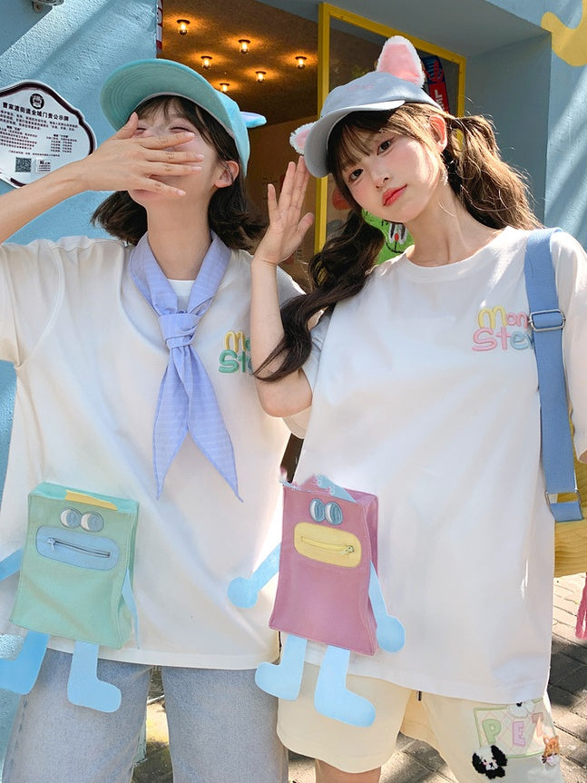 Blue/Pink Cartoon Pocket White Round Neck Loose T-shirt