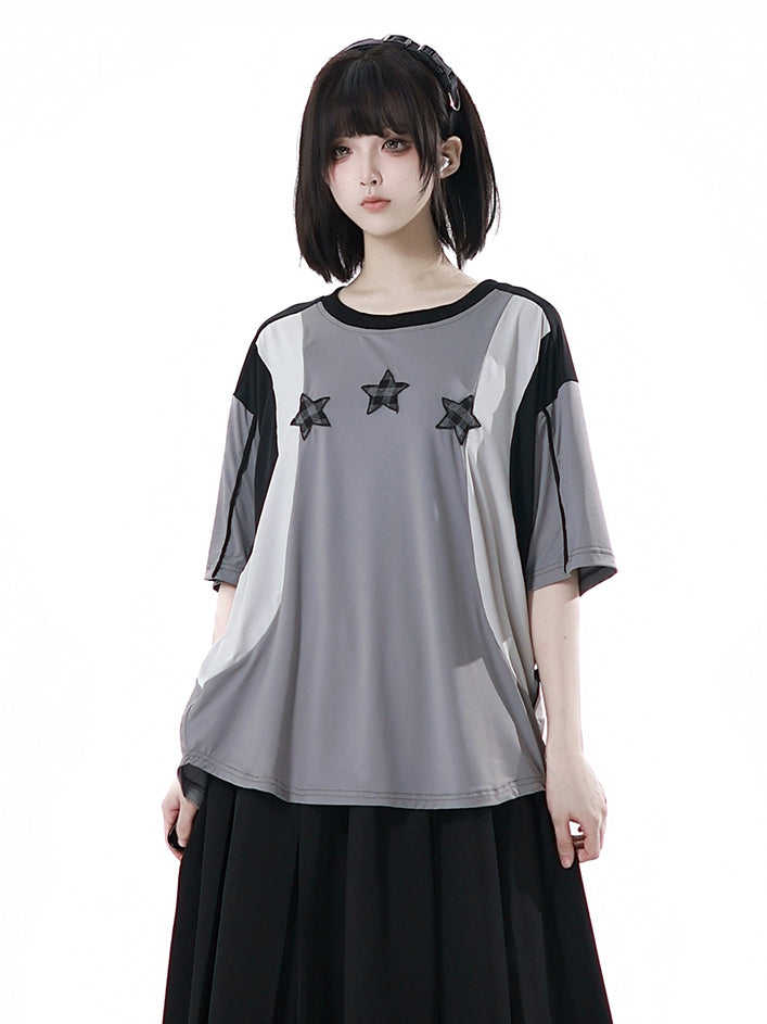 Black/Gray Colorblock Design Plaid Star Appliques Round Neck Sports T-shirt