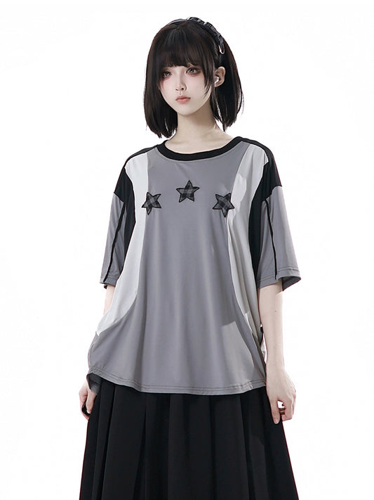 Black/Gray Colorblock Design Plaid Star Appliques Round Neck Sports T-shirt