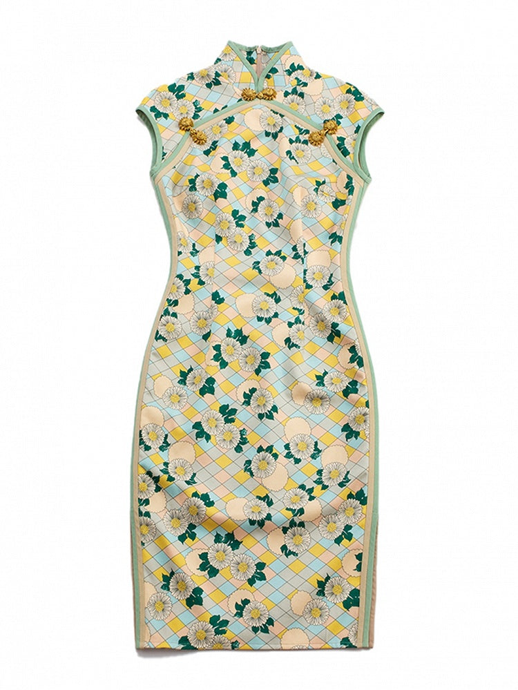 Vintage Light Yellow Floral Pattern Cheongsam Style Vintage Qipao Dress