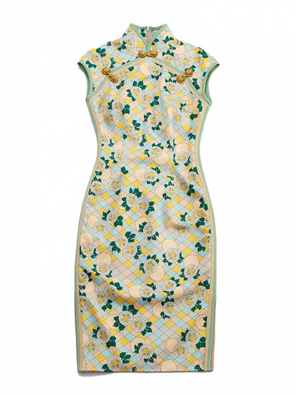 Vintage Light Yellow Floral Pattern Cheongsam Style Vintage Qipao Dress