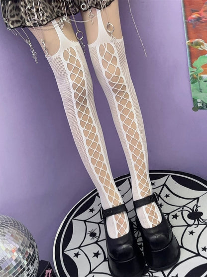 Black/Red/White Punk Rock Cut-out Design Suspender Stockings