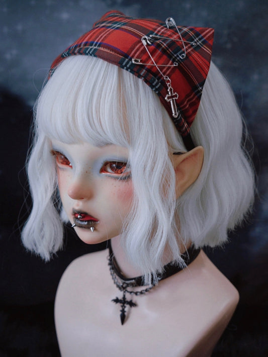 Cross and Pins Red Plaid Goth Punk Triangle Scarf KC