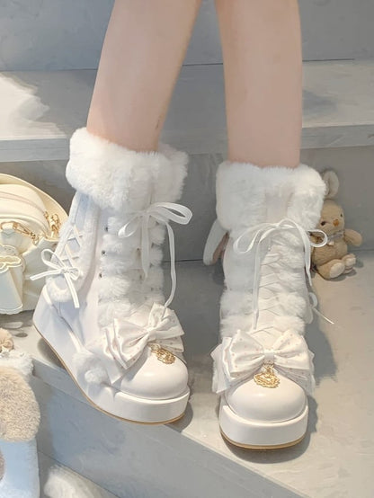 Sweet Lolita White Platform Boots - Plush Bunny Ears & Tail with Polka Dot Bow & Lace-up Closure
