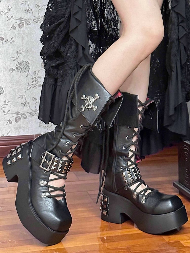 Skull and Studs Black Front Lace-up Punk Chunky Platform Boots