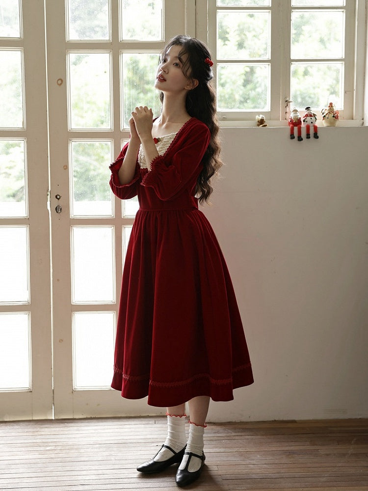 Wine Red Vintage Rose Square Neckline Dress
