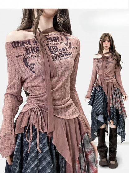 Reddish Brown Millard Fashion Letter Print Striped Pattern Asymmetrical Hem Top + Scarf