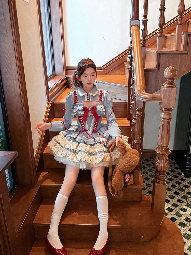 Blue Sweet Lolita Lace-up Boned Corset Top + Skirt + Bolero Full Set