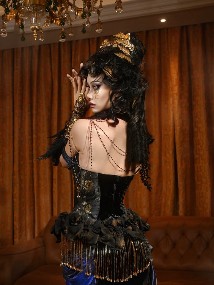 Black and Gold Gorgeous Tassels Boned Corset Top / Corset Top + Gold Chiffon Skirt