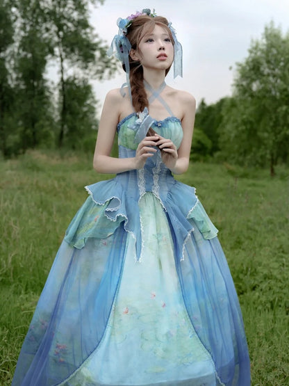 Sky Blue Fairy Oil Painting Print Tiered Flounce Hem Halter Boned Corset Top