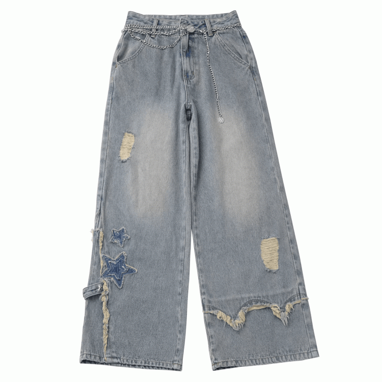 Blue Star Appliques Raw Hem Distressed Wide-leg Jeans with Waist Chain