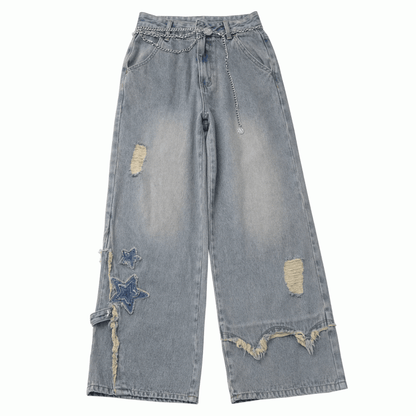Blue Star Appliques Raw Hem Distressed Wide-leg Jeans with Waist Chain