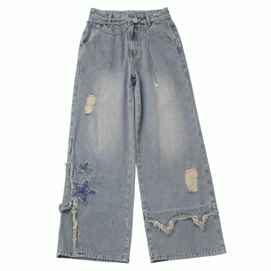 Blue Star Appliques Raw Hem Distressed Wide-leg Jeans with Waist Chain
