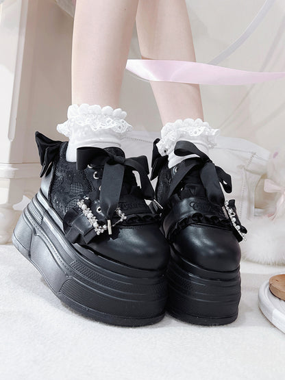 Black Bow Accents Beaded Buckle Design Jirai Kei Platforms Shoes