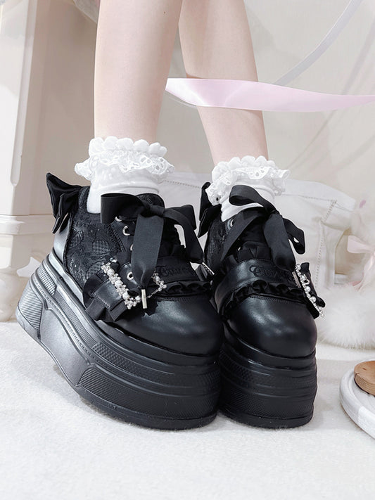 Black Bow Accents Beaded Buckle Design Jirai Kei Platforms Shoes