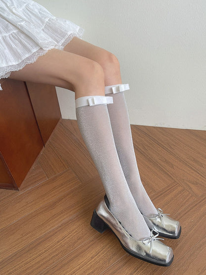 Light Grey/Black Bowknot Details Semi-sheer Underknee Stockings