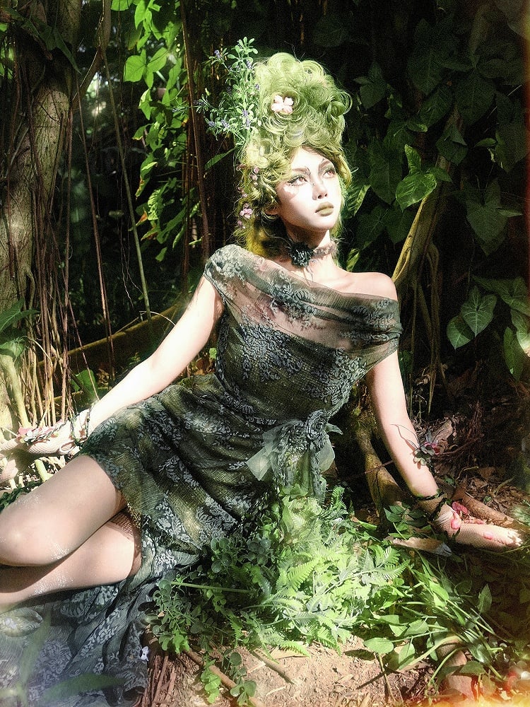 Green Off-the-shoulder Neckline Forest Fairy Goth Cascading Flounce Slit Dress