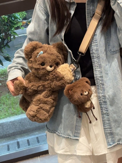 Brown Bear Plush Backpack Crossbody Bag Small/Middle/Large Size