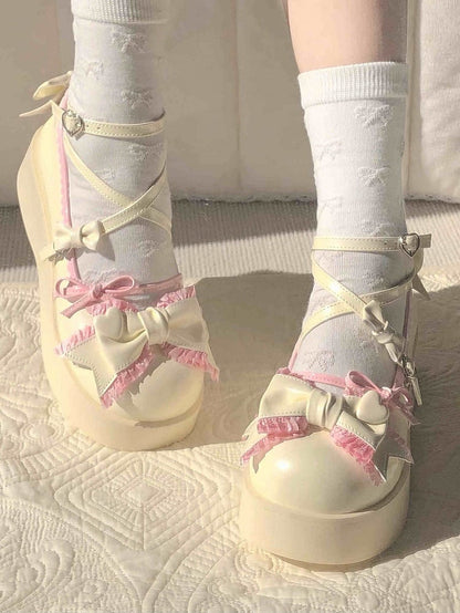 5CM Creamy White & Pink Bow at Top Crisscross Design Sweet Lolita Platforms