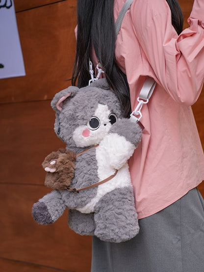Gray Cute Plush Kitty Backpack/Crossbody Bag