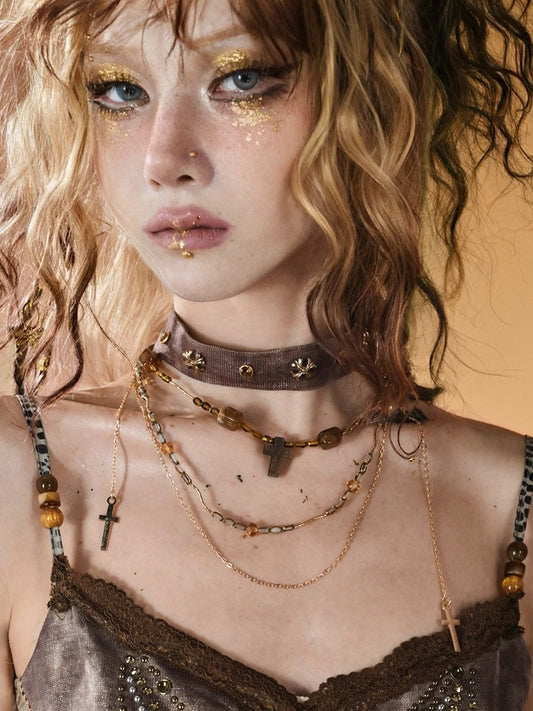 Brown Wasteland Punk Choker With Cross Pendant Beaded Neacklace