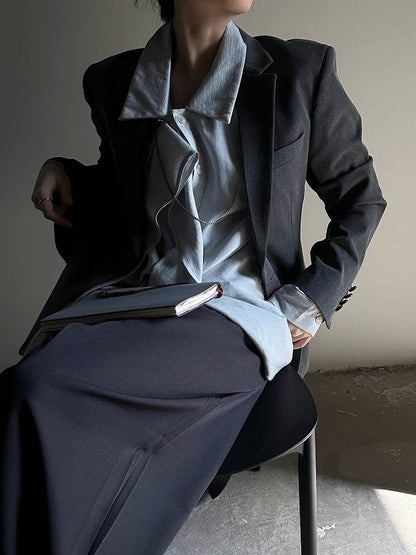 Ouji Lolita Light Blue Retro Pointed Collar Shirt with Long Draping Ribbon & Button Cuff