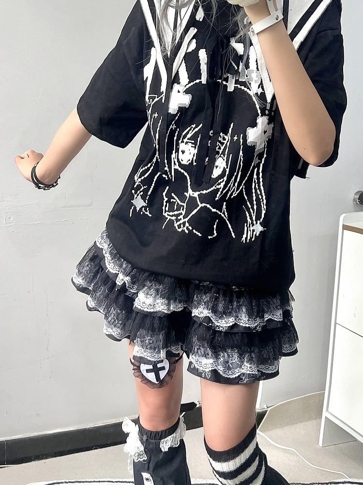 Black&White/Black&Purple Vintage Punk Tiered Skirt with Lace Trim