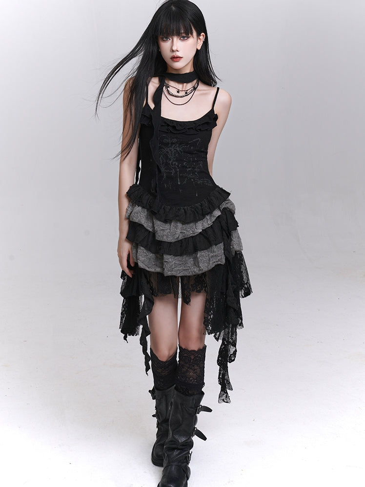 Black Lace Patchwork Cascading Ruffles Skirt