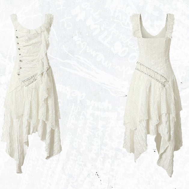 White Wasteland Punk Lace-up Design Handkerchief Hem Sleeveless Dress