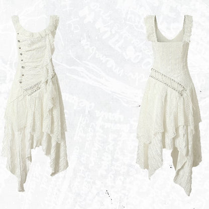 White Wasteland Punk Lace-up Design Handkerchief Hem Sleeveless Dress