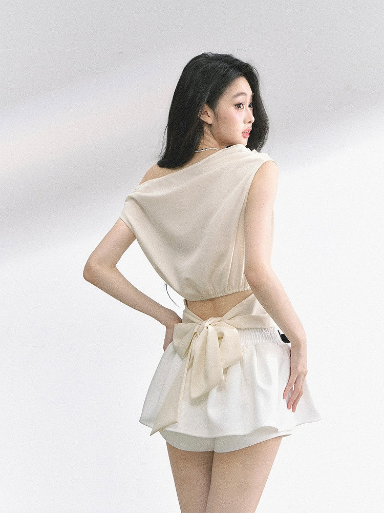 Apricot/Khaki Asymmetrical Neckline Self-tie Bow Back T-shirt