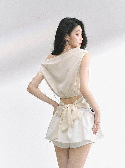 Apricot/Khaki Asymmetrical Neckline Self-tie Bow Back T-shirt