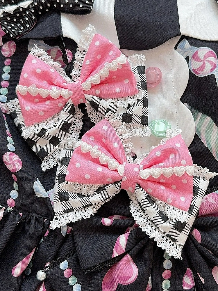 5 Color Options Lace Trim Plaid And Polka-dot Pattern Bowknot Hairclip