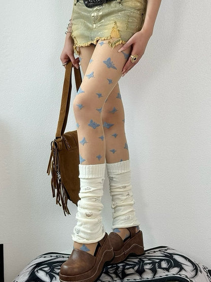 Nude Gyaru Fashion Butterfly Embroidered Tights