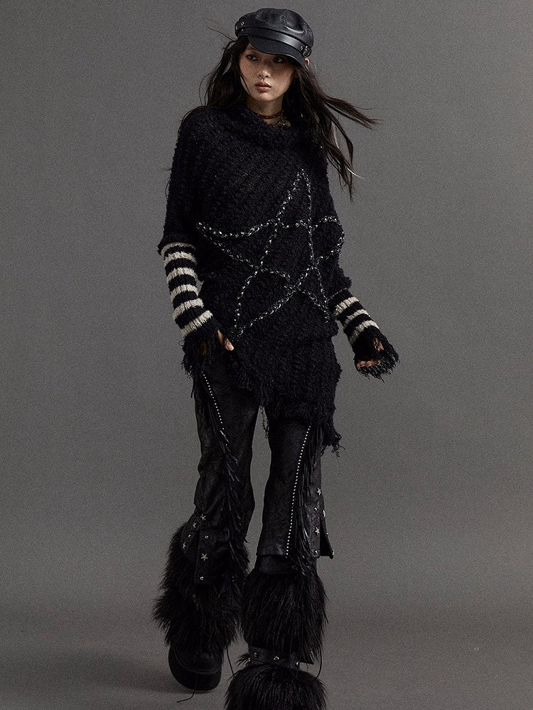 Black Vintage Punk Batwing Sleeves Loose Five-pointed Star Sweater