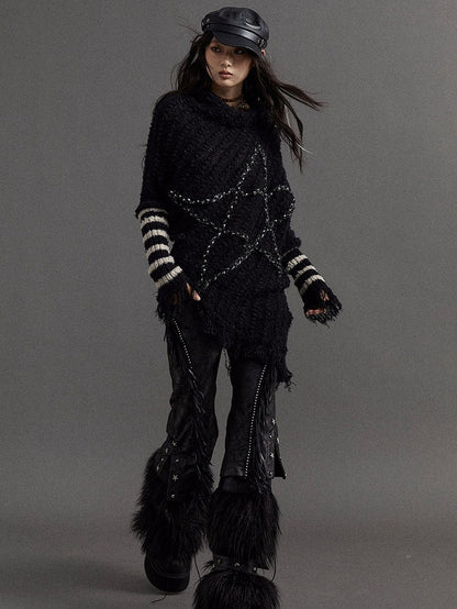 Black Vintage Punk Batwing Sleeves Loose Five-pointed Star Sweater