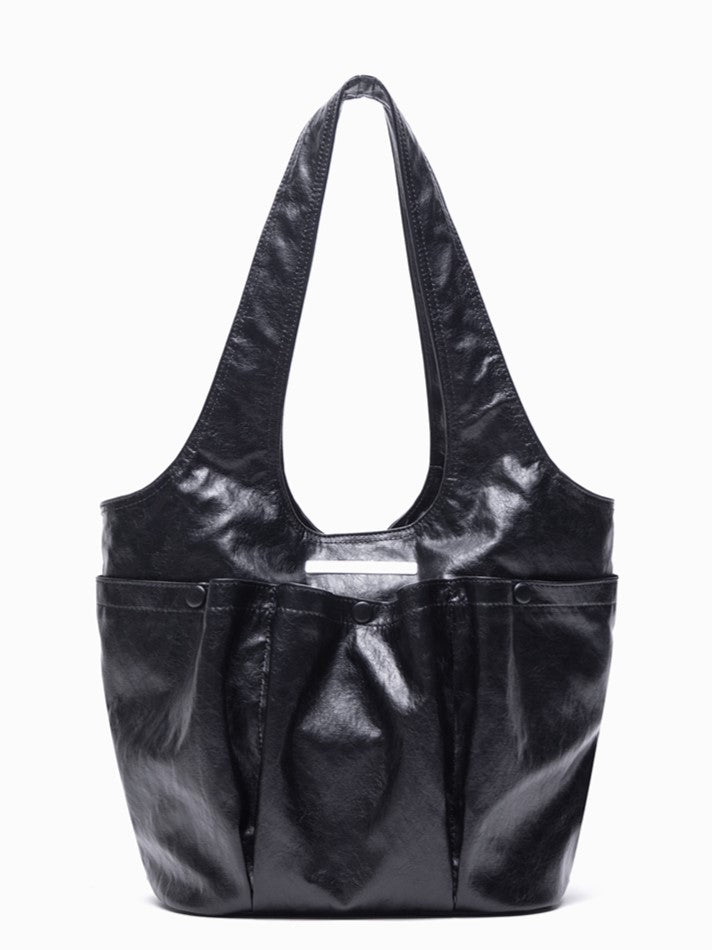 Black Large Capacity Single-Shoulder Tote Bag With Triple Pocket Design