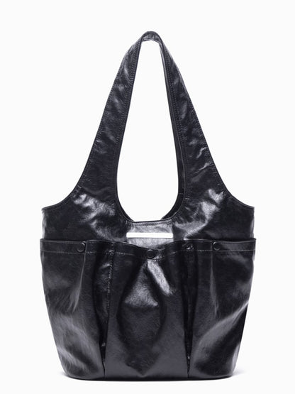 Black Large Capacity Single-Shoulder Tote Bag With Triple Pocket Design