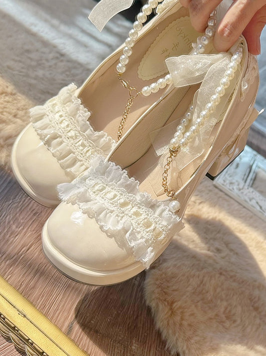 Beige Bow Accent Detachable Beaded Chain Lolita Block Heels