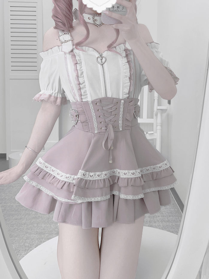 Jirai Kei Heart Buckles Lace-up Front and Back White and Pink Tiered Skirt