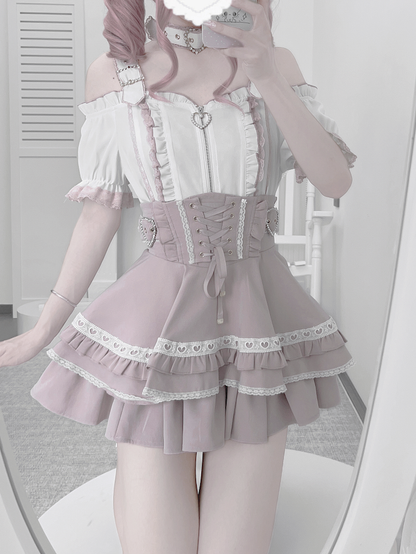 Jirai Kei Heart Buckles Lace-up Front and Back White and Pink Tiered Skirt