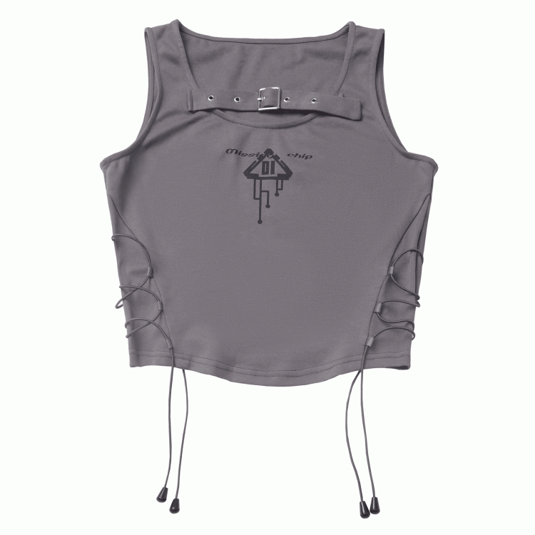 Buckle Strap Neckline Lace-up Side Gray Techwear Tank Top
