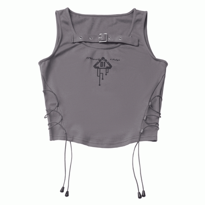 Buckle Strap Neckline Lace-up Side Gray Techwear Tank Top