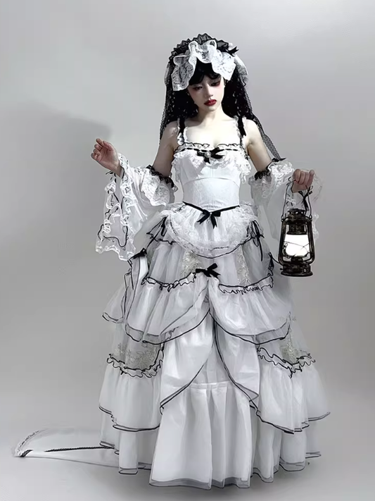 Plus Sizes White & Black Ruffled Layers Sweet Lolita Dress Long Version+Train+Head Veil+Detachable Sleeves Full Set