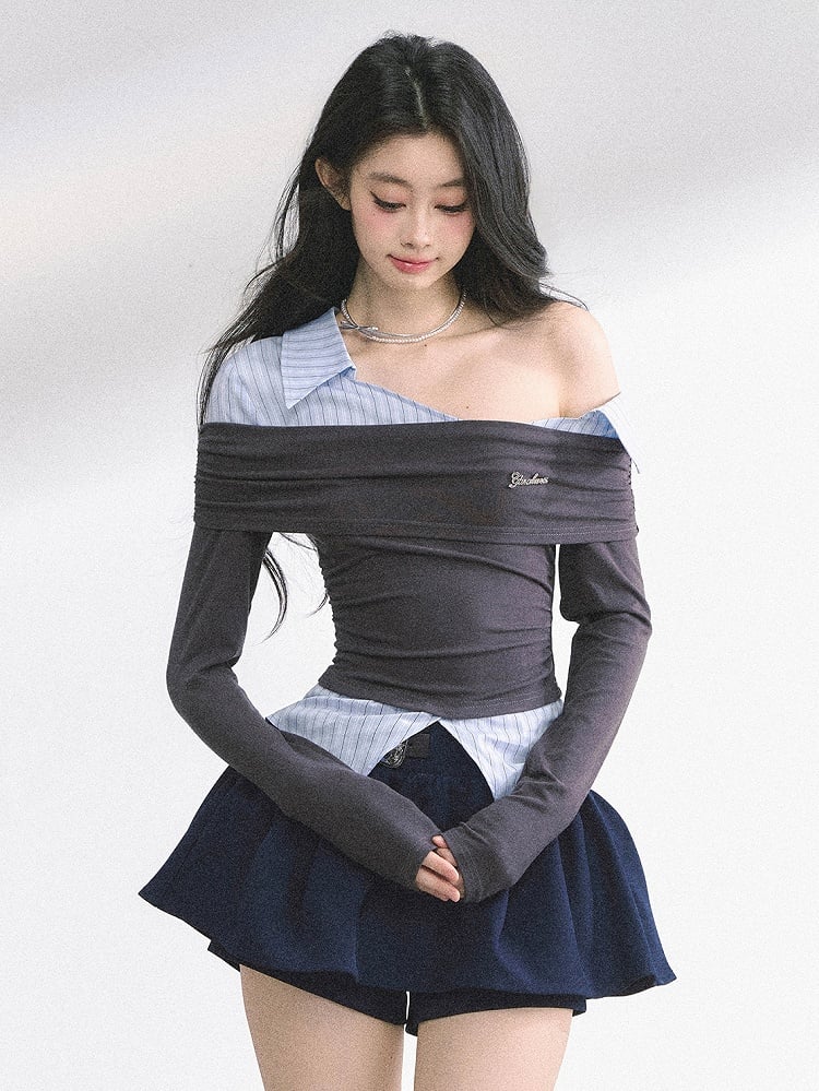 Gray and Blue Stripes Asymmetrical Neckline Faux Two-pieces Top