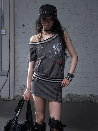 Asymmetrical Neckline Gray/White Wasteland Punk Distressed Dress with Detachable Handkerchief Hem