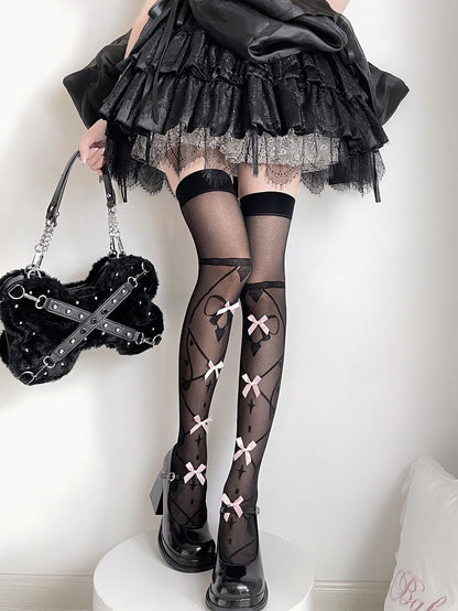 Black and Pink Bow Semi-sheer Print Over Knee Stockings